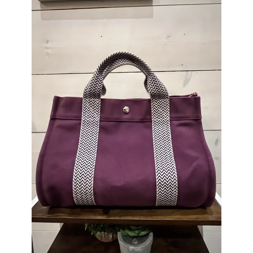 Authentic Hermès Purple Canvas Cannes PM with Chevron Handles & Removable Pouch